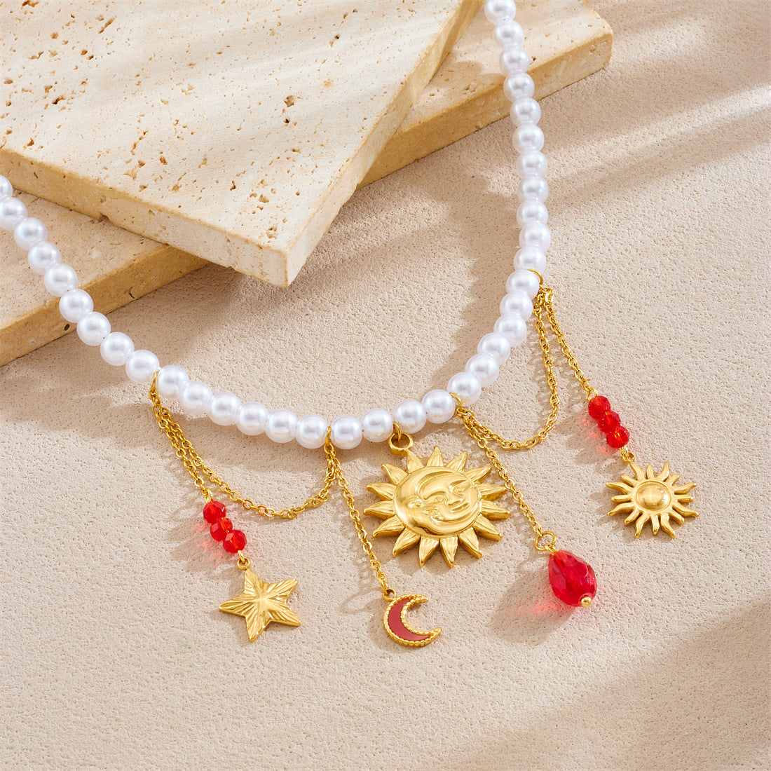 Vintage Elegant Gold Plated Stainless Steel Heart Star Moon Sun Floral Butterfly Rhinestone Pearl Tassel Necklace