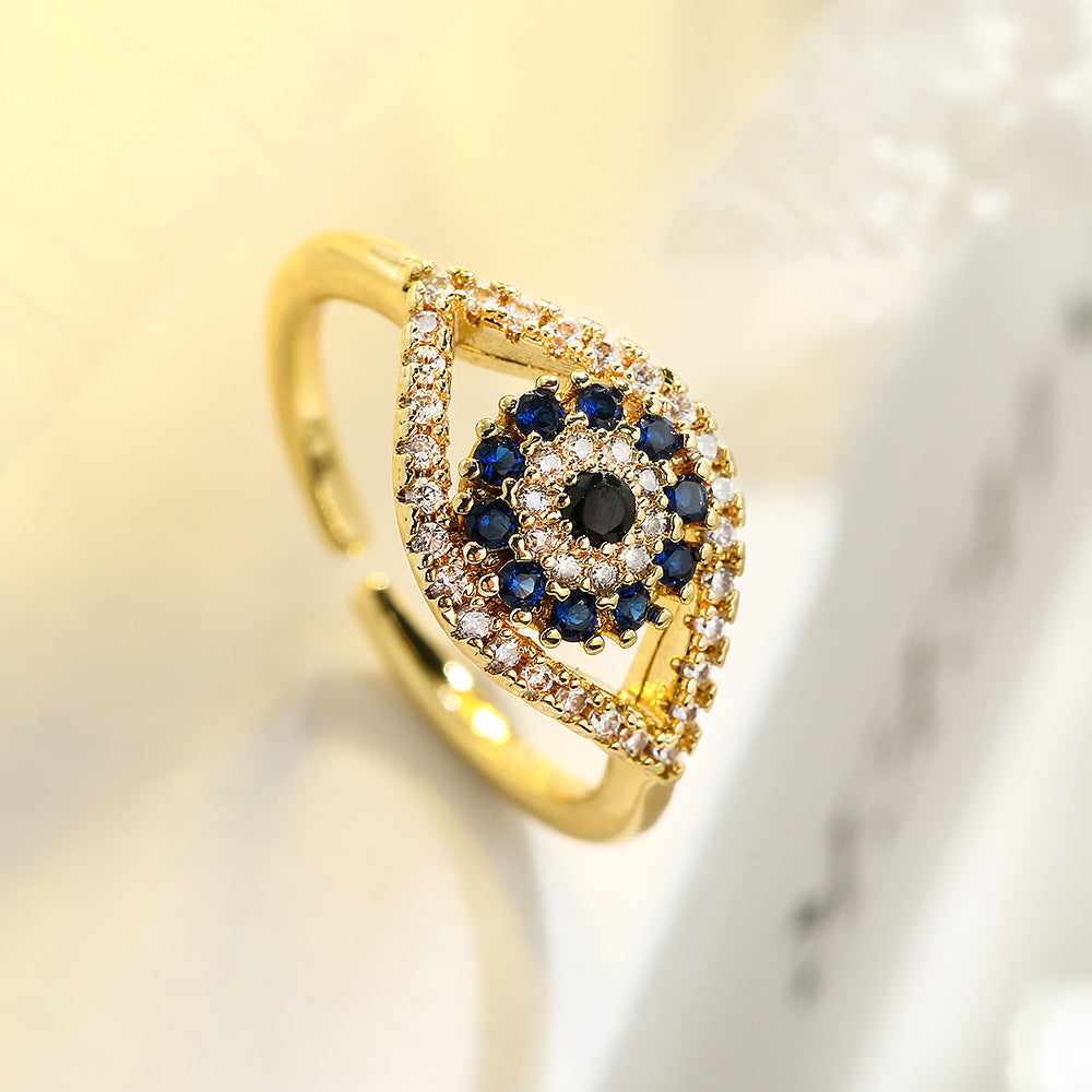 Minimalist Geometric Copper Ring with Gold Plating and Zircon Inlay Evil Eye Design for Women