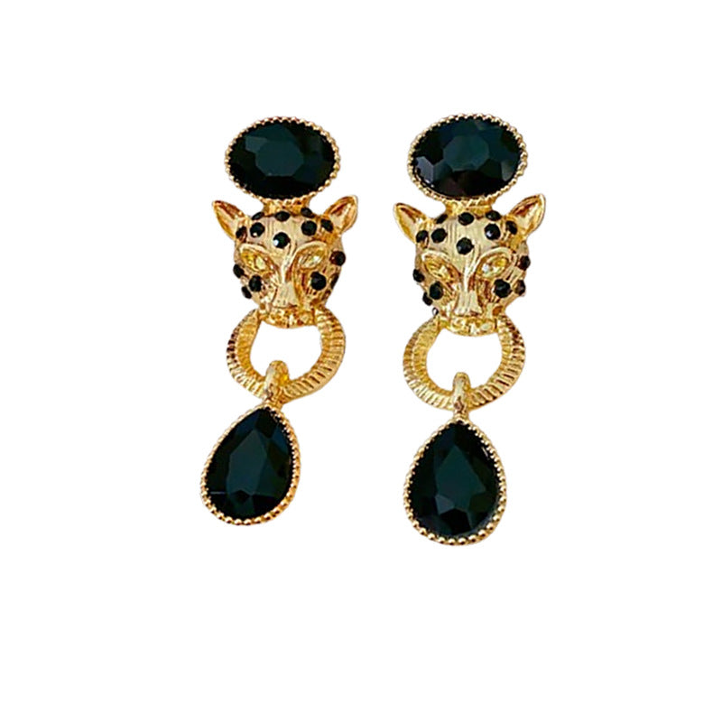 Orecchini in Lega a Goccia d'Acqua Gocciolante Stile Vintage con Testa di Tigre Intarsiata di Strass e Perni in Acciaio Inossidabile da Donna