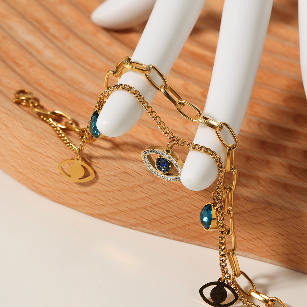 Geometric Evil Eye Double Layer Bracelet for Women and Men in Stainless Steel with 18K Vacuum Plating and Zircon Inlay