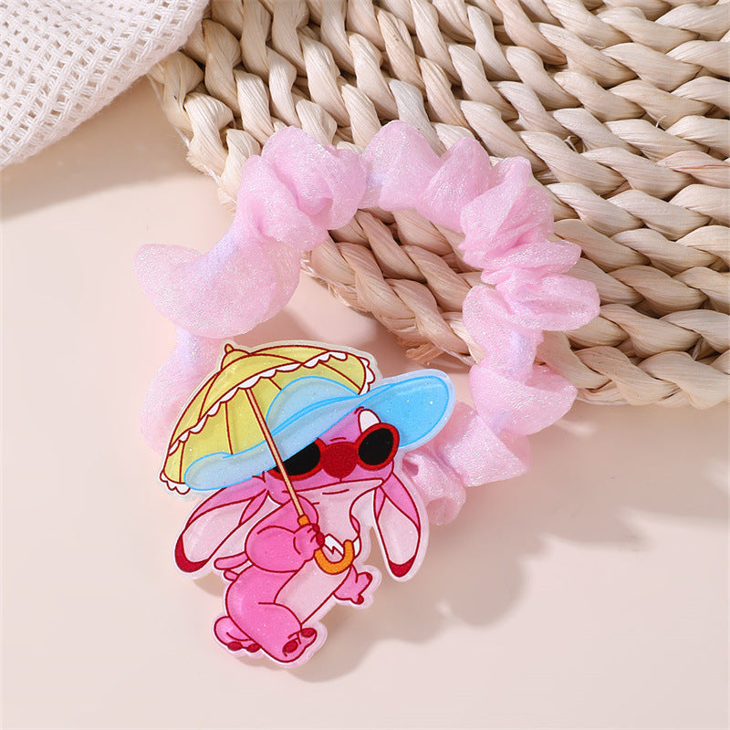 Cute Pink Stitch Hair Tie for Girls Cartoon Character Elastic Ponytail Holder Knitted Bow Headband Accessory