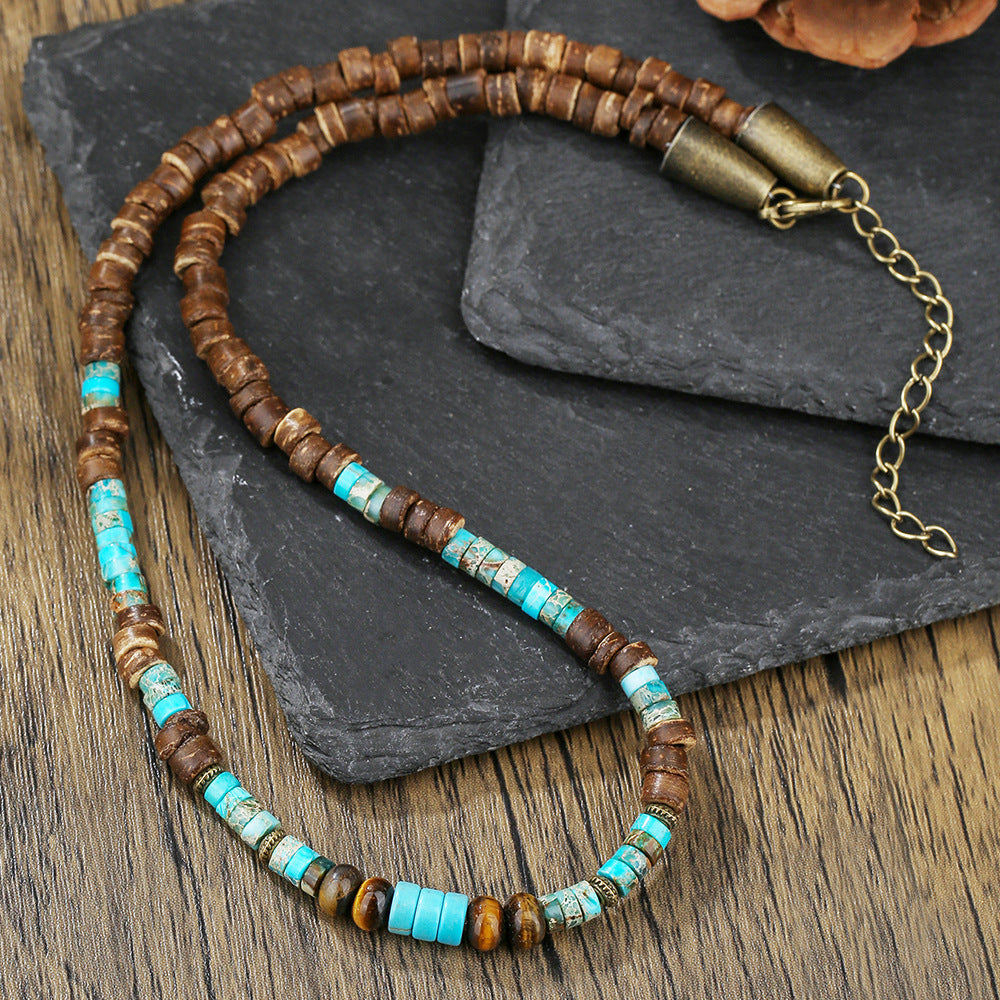 Minimalist Geometric Coconut Shell and Natural Gemstone Spacer Necklace for Men and Women