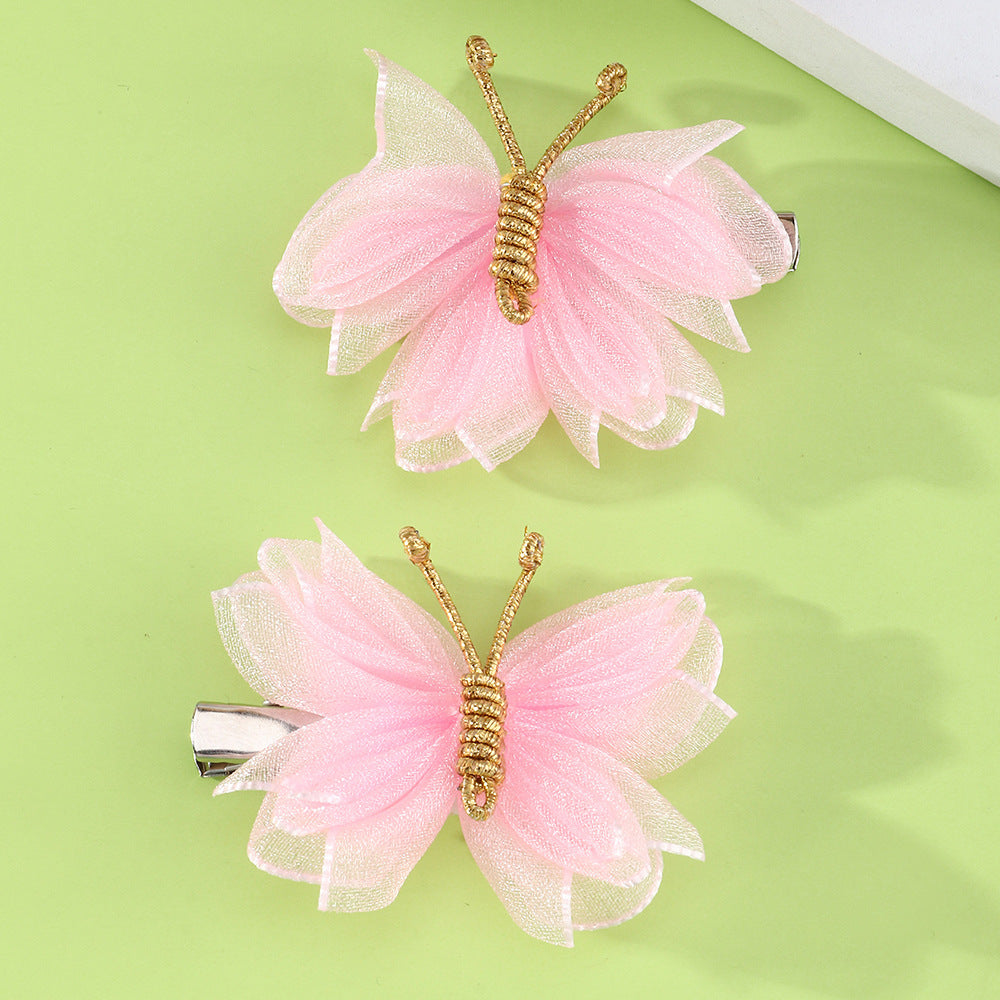 Cartoon Butterfly Hair Clip for Kids Handwoven Mesh Fabric Hairpin with Rainbow Accents
