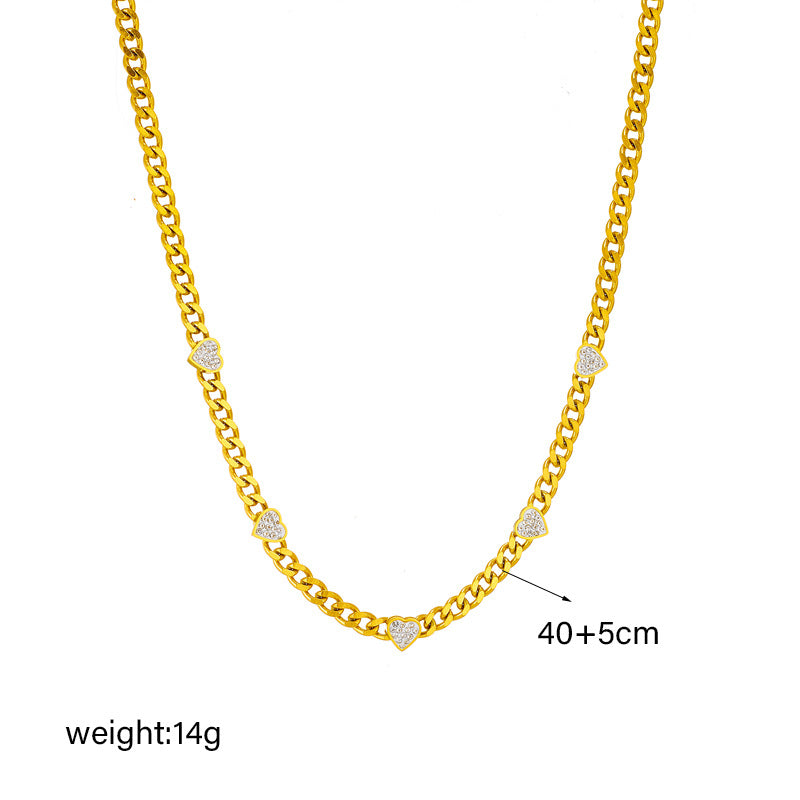 Collar de Corazón Minimalista de Acero de Titanio Tono Frío con Incrustaciones de Diamantes de Imitación y Cadena Gruesa