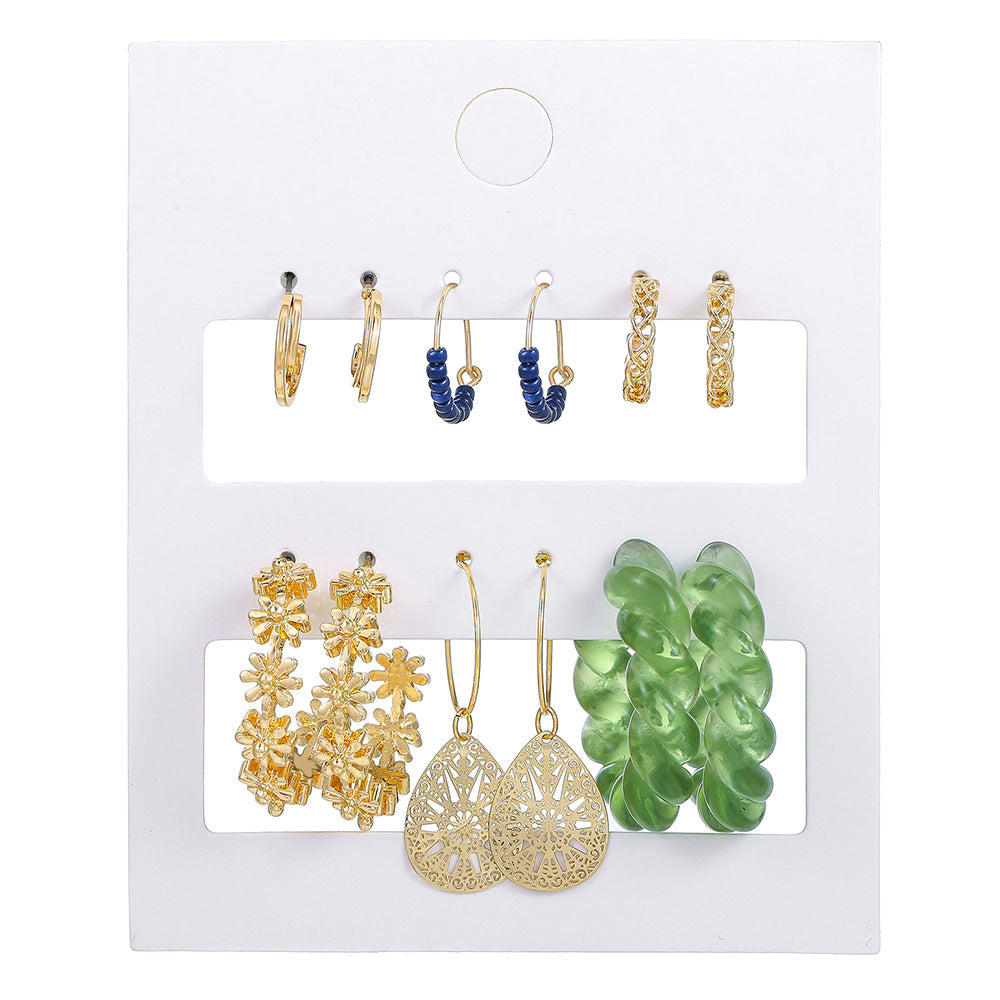 Vintage Gold Plated Geometric Round Alloy Acrylic Pearl Leopard Print C-Hoop Earrings Set for Women