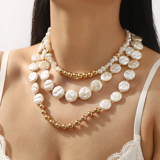 Fashionable Office-Style Geometric Multi-Layer Clavicle Necklace with Imitation Pearl Pendant on Pearl Chain
