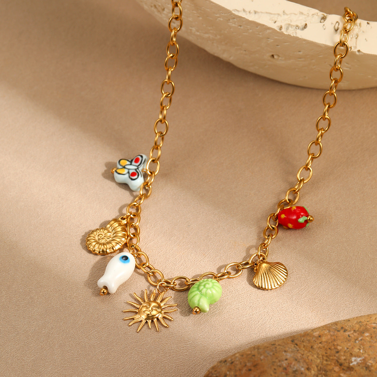 Fashionable Ocean-Themed Tassel Necklace with Seashell and Conch Pendant in Stainless Steel with Plated Finish for Women