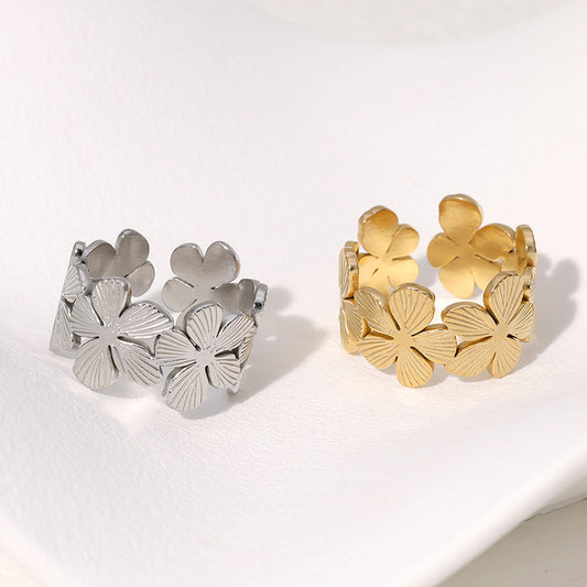 Anello minimalista floreale in acciaio inossidabile con placcatura in oro 18K da donna Anello aperto regolabile in acciaio al titanio