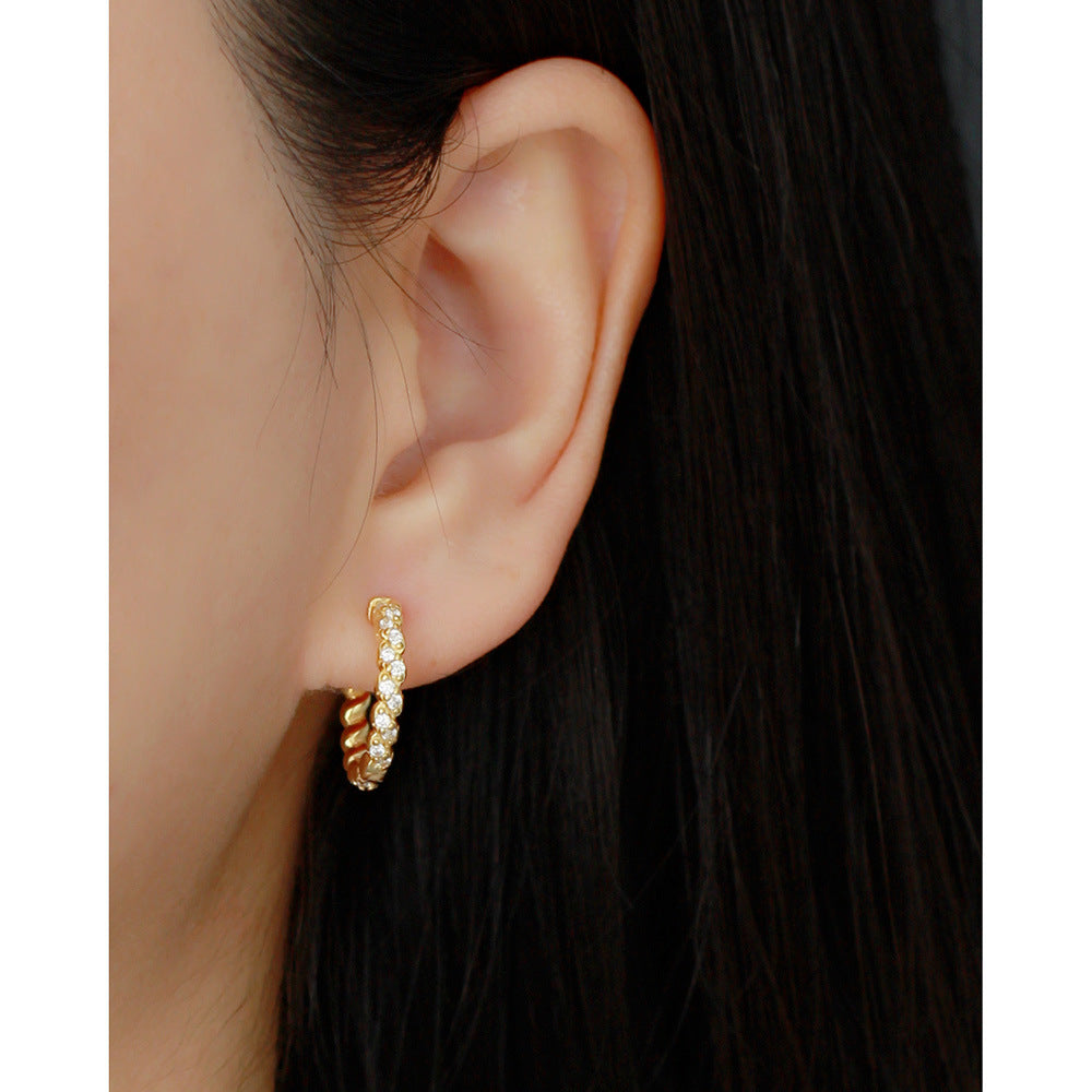 Minimalist Luxury 925 Sterling Silver Geometric Rope Twist Rhinestone Inlay Hoop Earrings