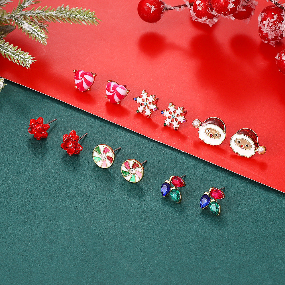 Ins Style Christmas Themed Alloy Stud Earrings with Snowflake Reindeer and Santa Claus Motifs for Women Electroplated with 14K Gold Posts