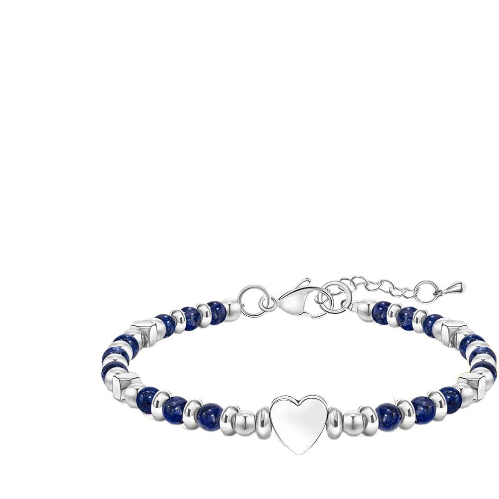 Natural Stone Lapis Lazuli Heart Charm Bar Stainless Steel Adjustable Bracelet Unisex Gift