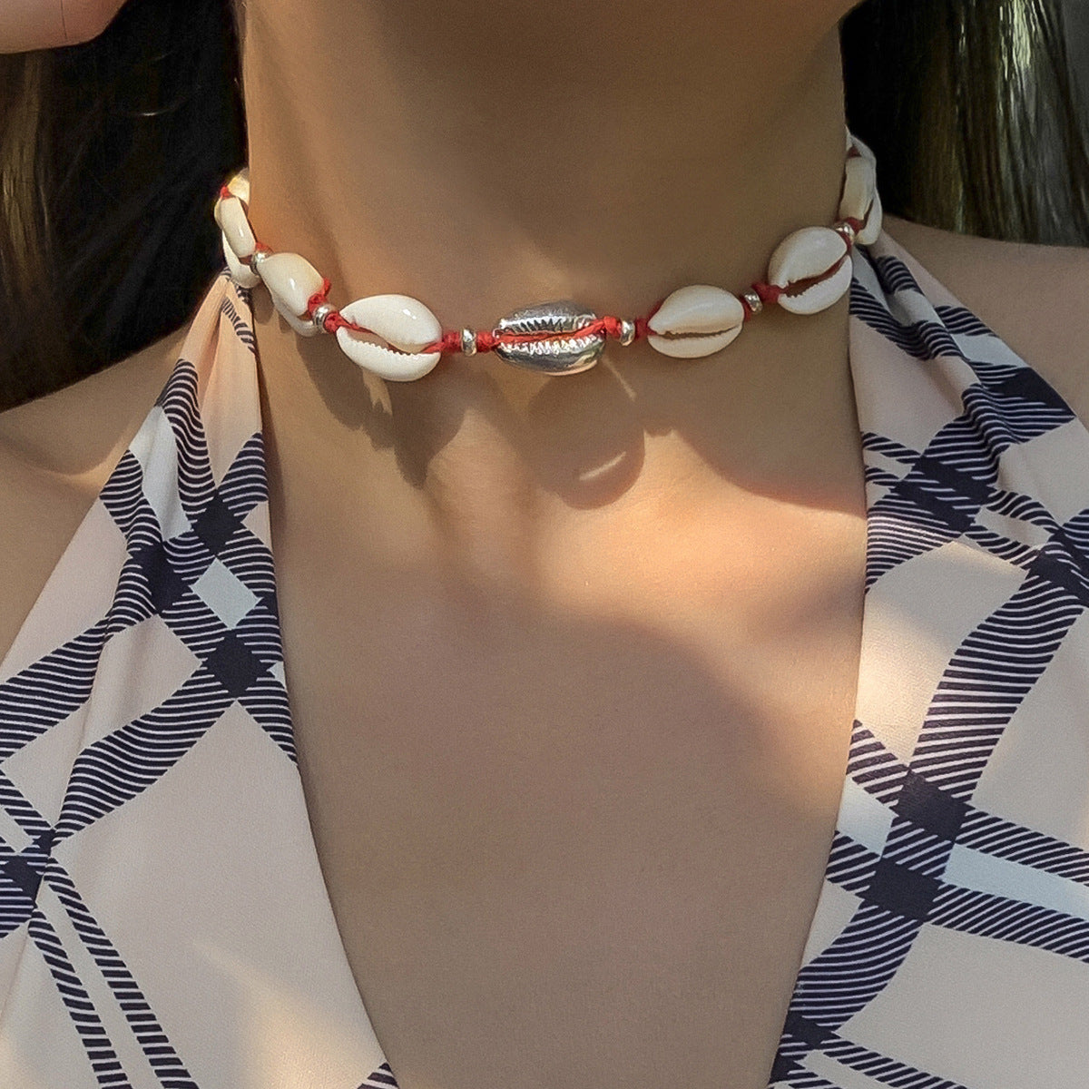 Bohemian Minimalist Geometric Alloy Shell Pendant Wax Cord Necklace for Women