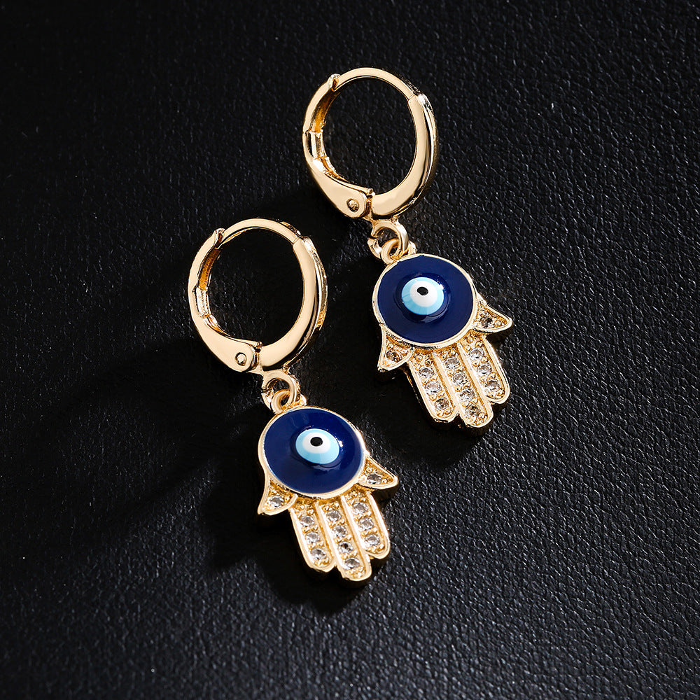 Minimalist Fatima Hand Earrings for Women in Copper with 18K Gold Plating and Zircon Inlay