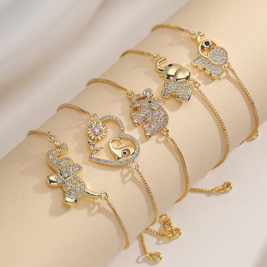 Luxury Minimalist Gold Plated Brass Geometric Elephant Bracelet with Cubic Zirconia for Women
