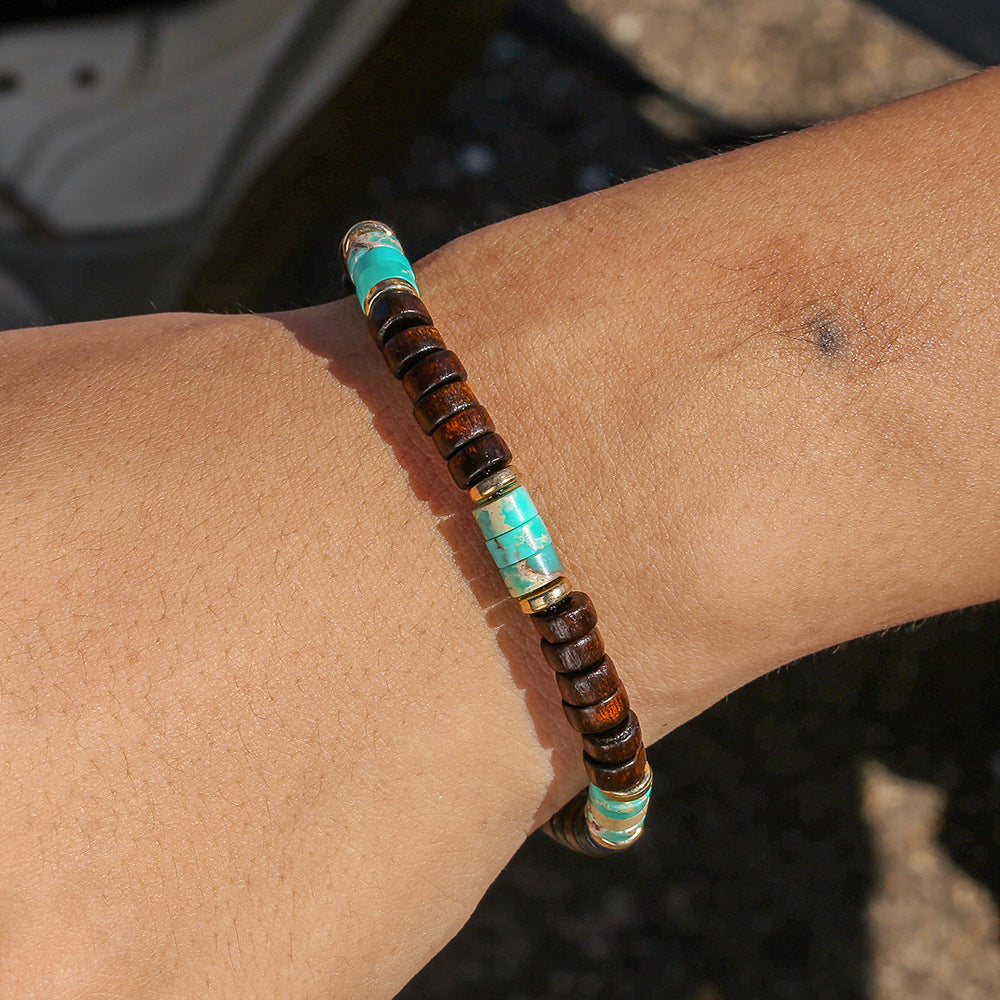 Bohemian Geometric Round Wood and Gemstone Beaded Bracelet for Men and Women