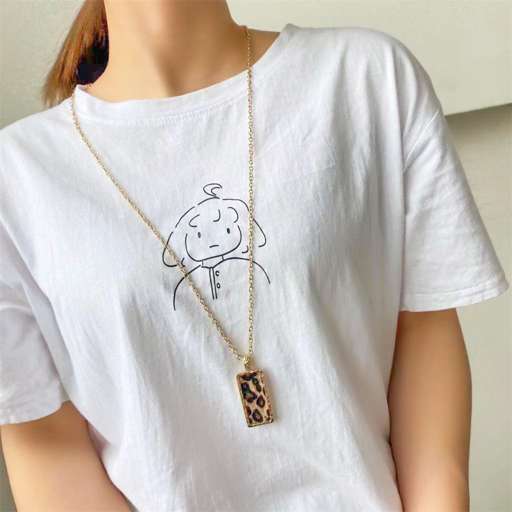 Minimalist Geometric Square Leopard Print Alloy Plated Pendant Necklace with Snake Chain for Women