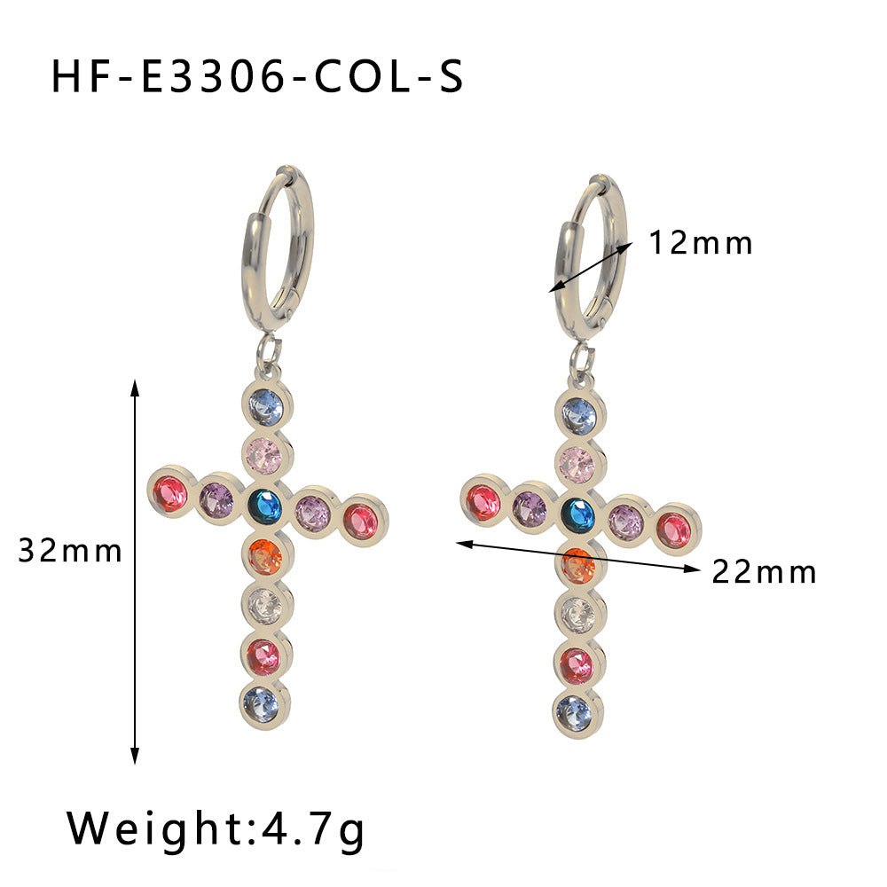 Ins Style Geometric Stainless Steel Cross Stud Earrings with Green Black Colorful or White Zircon Inlay Plated for Women