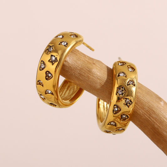Minimalist Geometric Star and Moon Stainless Steel Earrings with 18K Gold Plating and Cubic Zirconia Accents