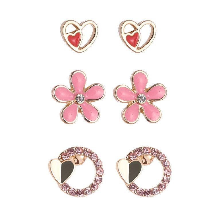 Pendientes de aleación con forma de corazón y flor, estilo dibujos animados, para niñas, con esmalte.