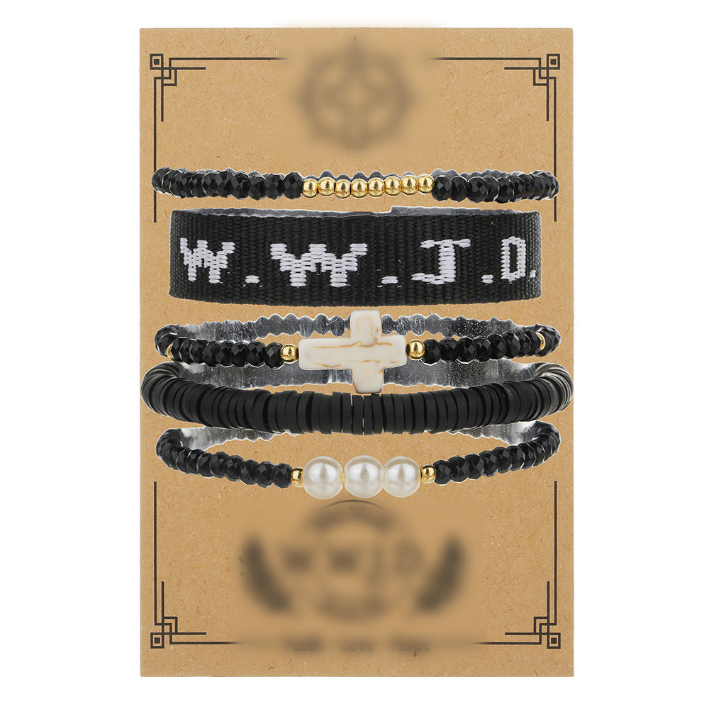 WWJD Letter Cross Turquoise Pearl Crystal Resin Beaded Bracelet Set