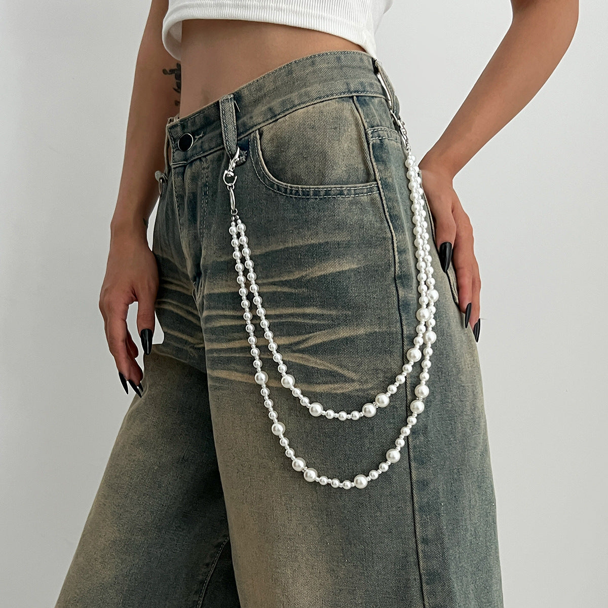Sweet and Cool Style Cross Pendant Waist Chain for Women with Polished Metal Beads Multi-Layer Belt Jewelry