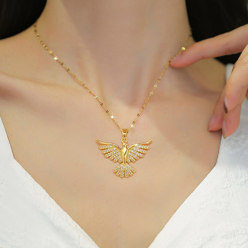 Sweet Geometric Phoenix Titanium Steel Necklace with Brass Pendant for Women