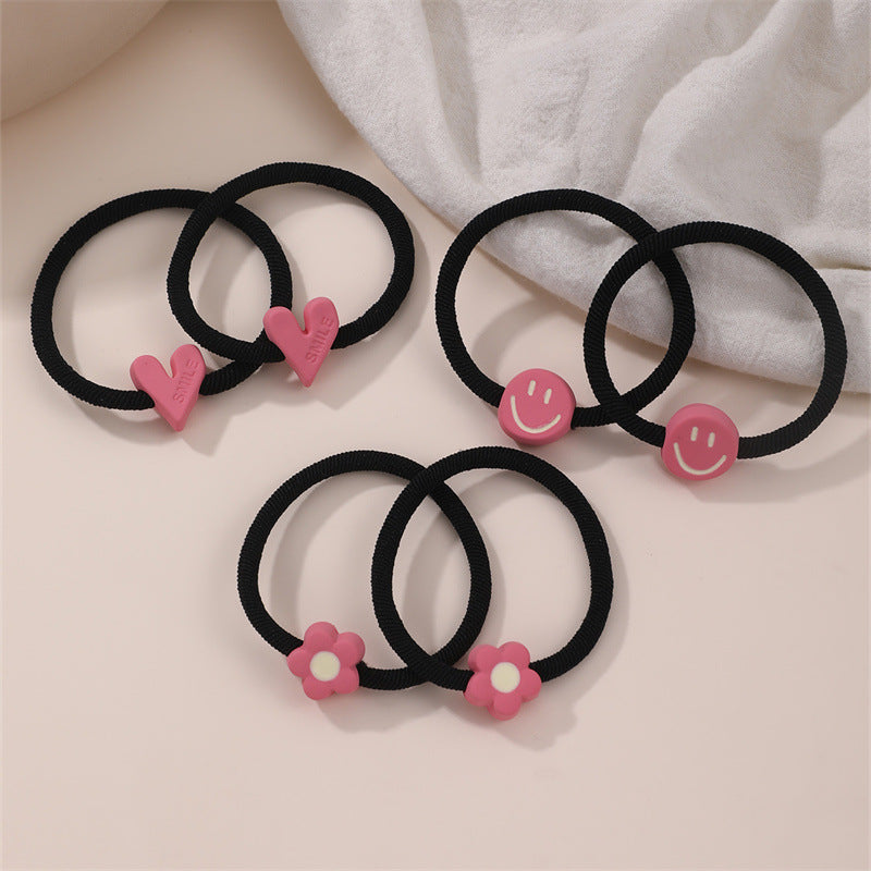 Cartoon Style Pink Smiley Heart and Floral Hair Tie for Kids with High Elasticity Fabric