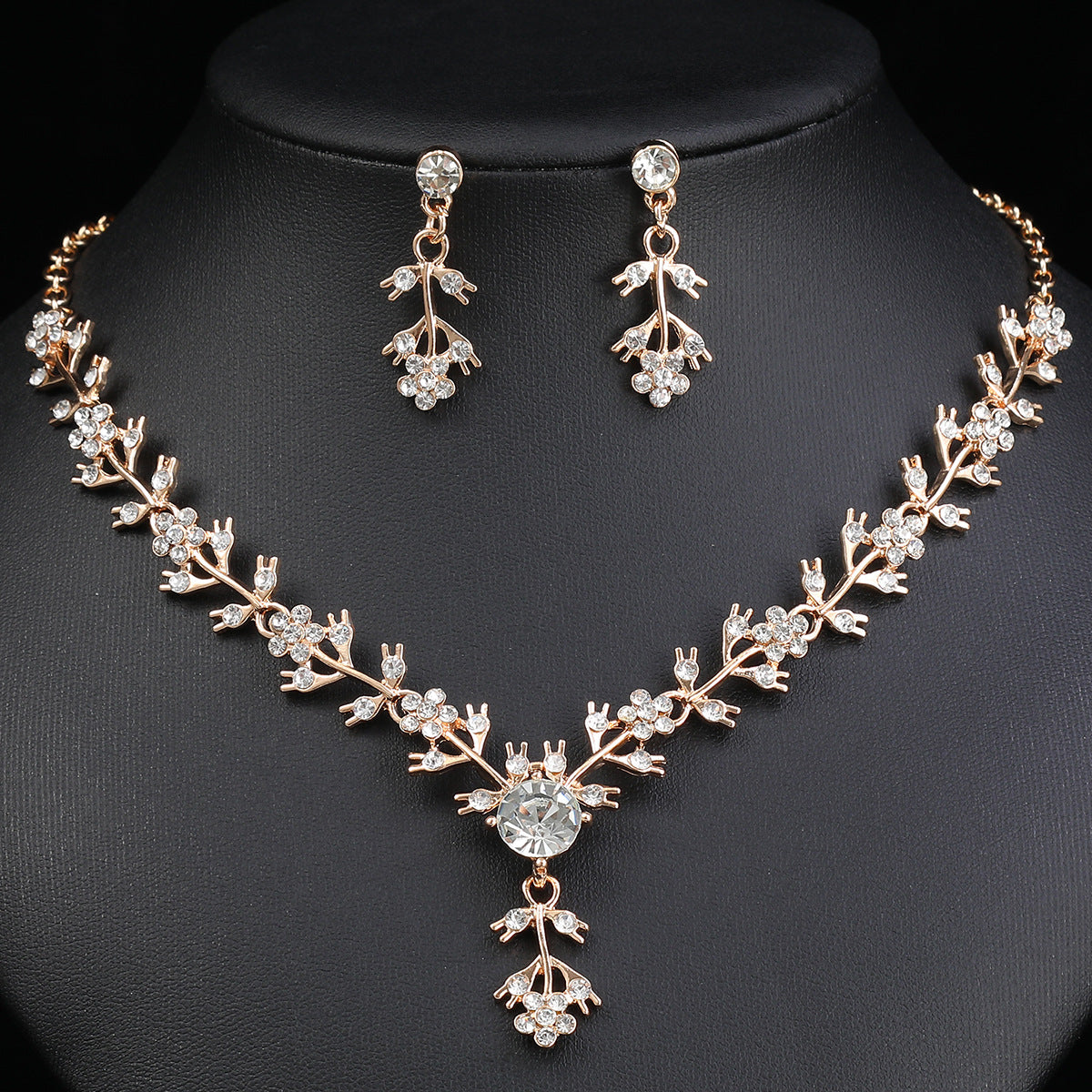 Elegant Luxury Floral Wedding Necklace and Earrings Set for Women with Alloy Pendant, Rhinestone Inlay, Plated Finish, and O-Chain