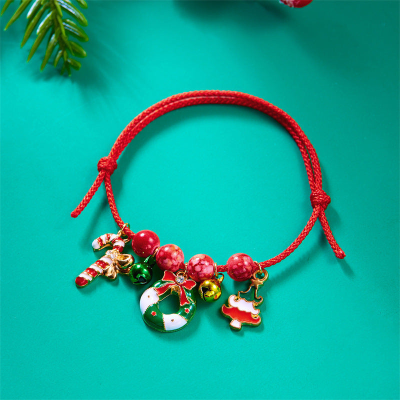 Pulsera trenzada navideña para mujer con colgante de Papá Noel y árbol de Navidad, joyería de aleación para regalo festivo