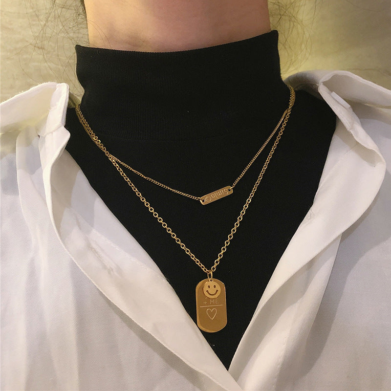 Minimalist Double-Layer Rectangular Cuban Chain Necklace with Smile Pendant for Women