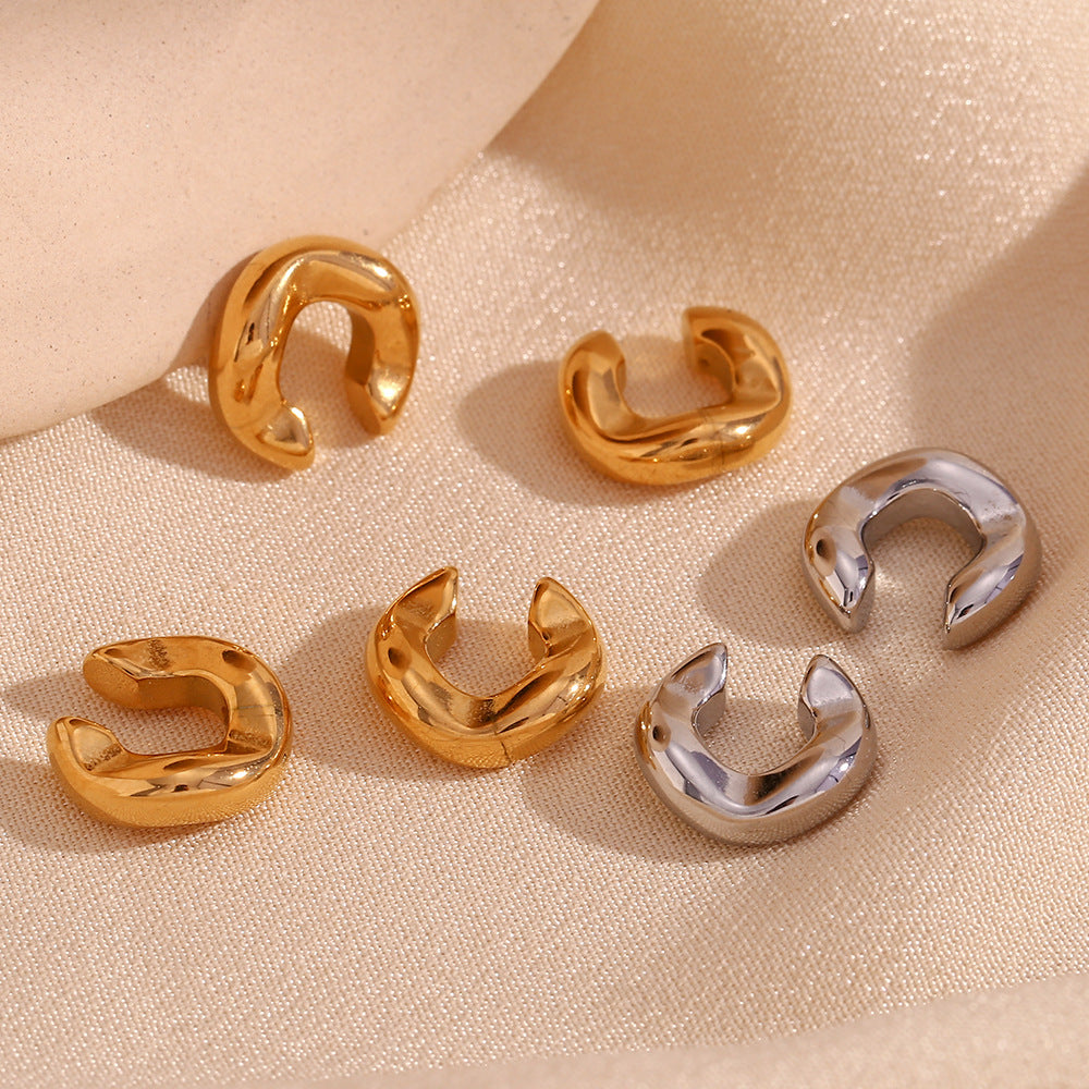 Minimalist Geometric Stainless Steel Ear Clips with 18K Gold Plating Thick C-Shaped Cutout Design for Women