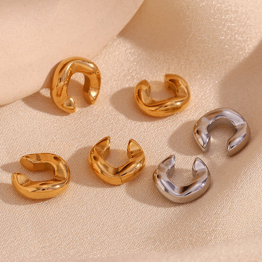 Orecchini a Clip Geometrici Minimalisti in Acciaio Inossidabile con Placcatura in Oro 18K, Design a Intaglio Spesso a C per Donna