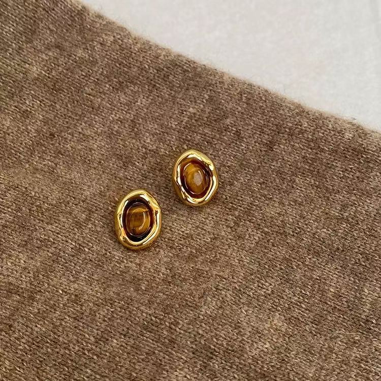 Pendientes de tuerca geométricos de ojo de tigre chapados en bronce mate para mujer, joyería de lujo minimalista artística vintage
