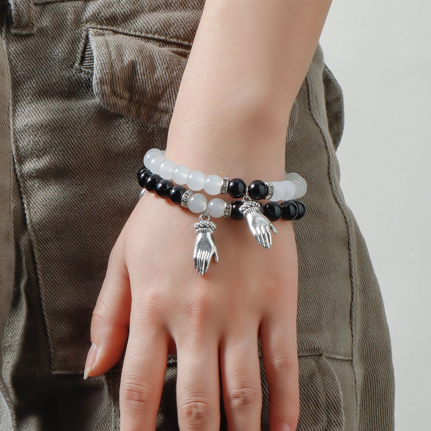 Geometric Style Magnetic Crystal Beaded Friendship Bracelet Set for Couples with Plated Metal Construction