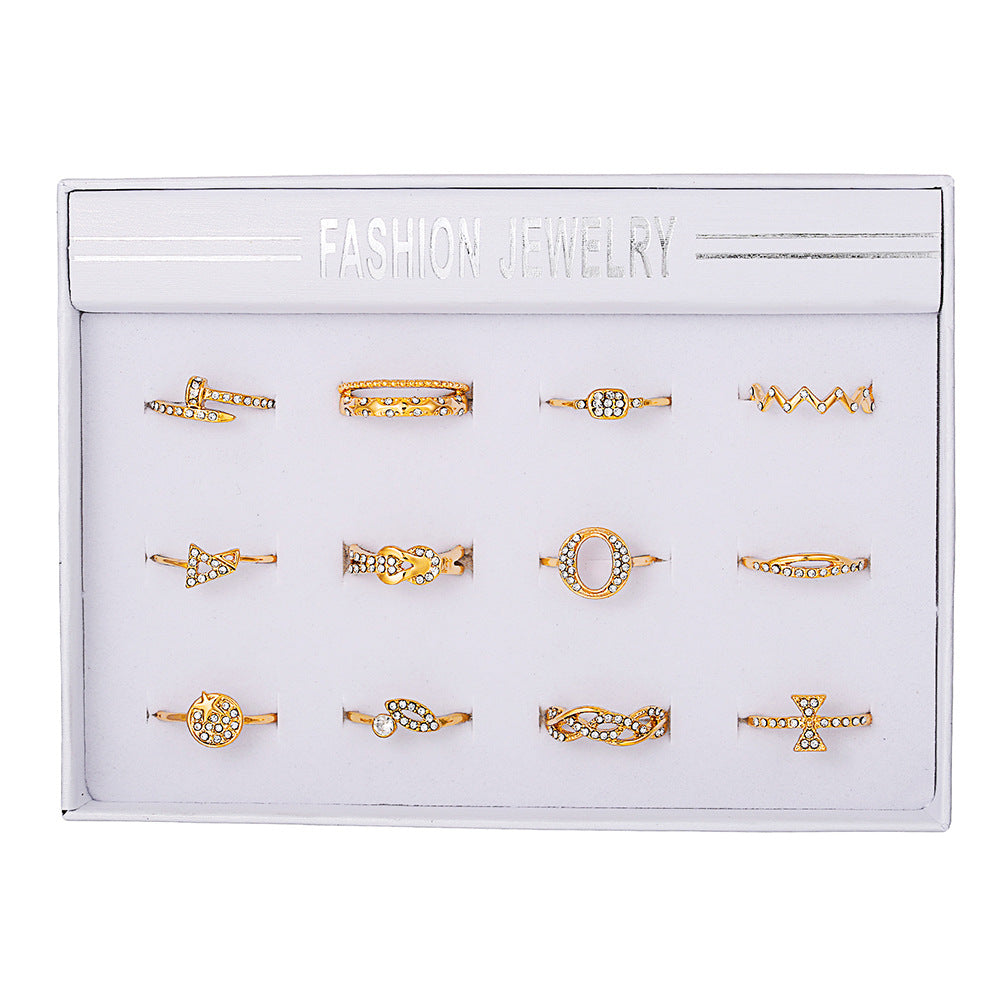 Geometric Alloy Plated Ring Set with Rhinestone and Pearl Floral Design for Women
