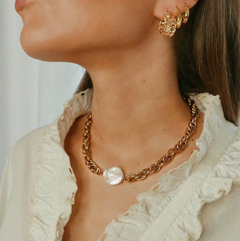 Fashionable Ins Style Geometric 18K Gold Plated Stainless Steel Multi-Layer Twisted Chain Pearl Necklace for Women