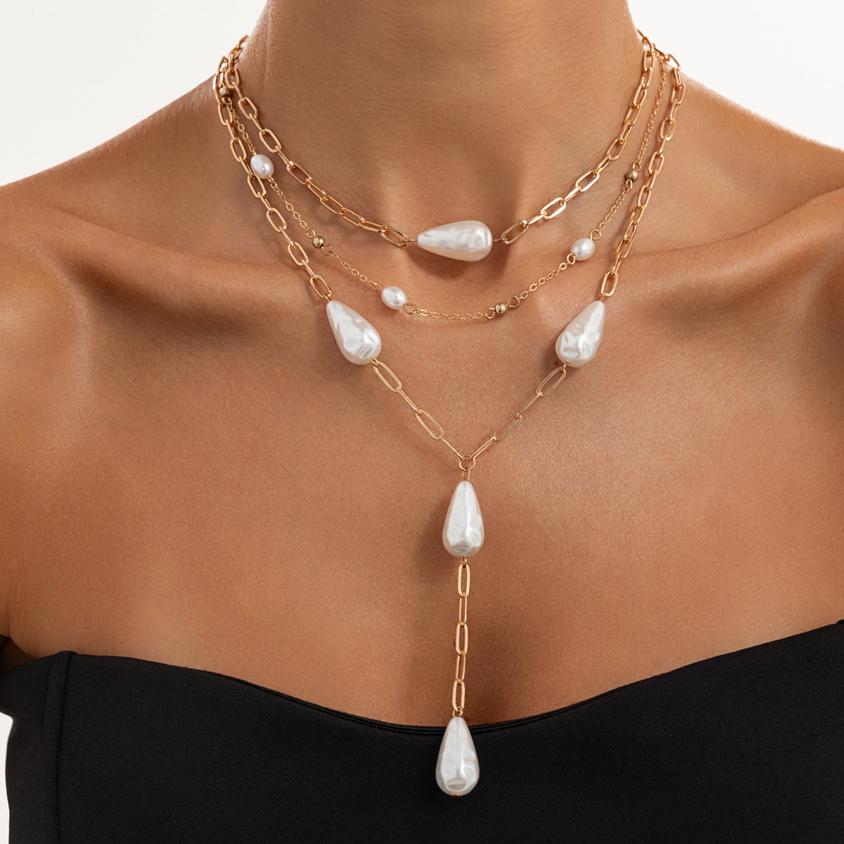Luxury Geometric Teardrop Faux Pearl Plated Iron Necklace for Women
