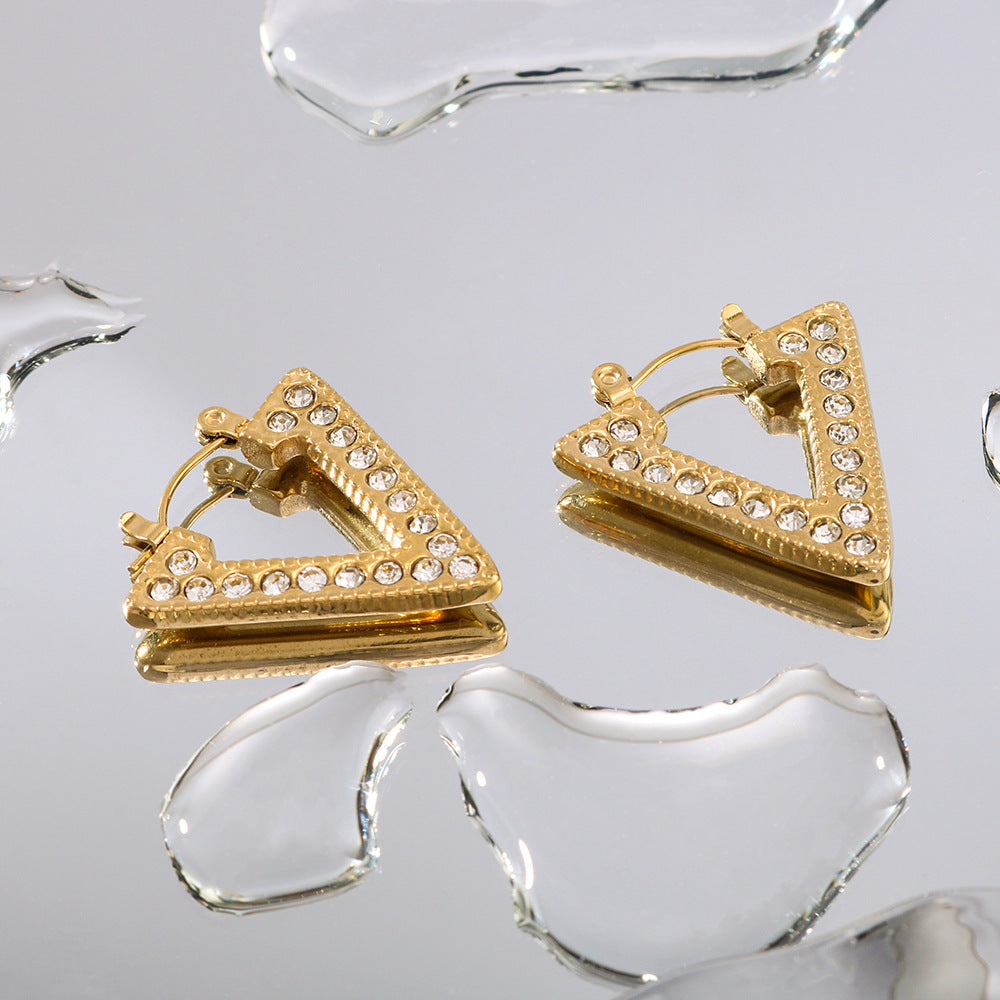 Minimalist Geometric Triangle Stainless Steel Stud Earrings with Zircon Inlay and 18K Gold Plating