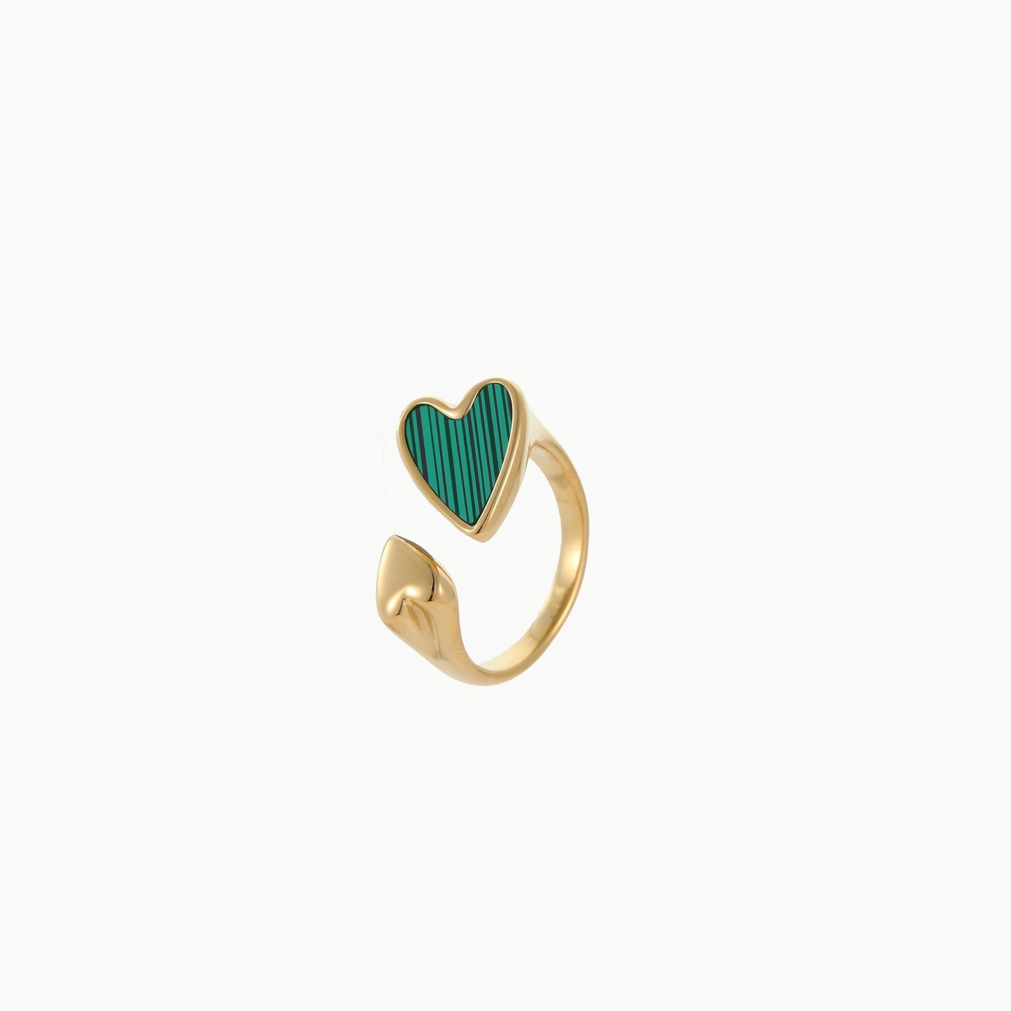 Anillo Abierto de Acero Inoxidable con Forma Geométrica, Acabado de Acero de Titanio y Detalle de Corazón de Malaquita para Mujer