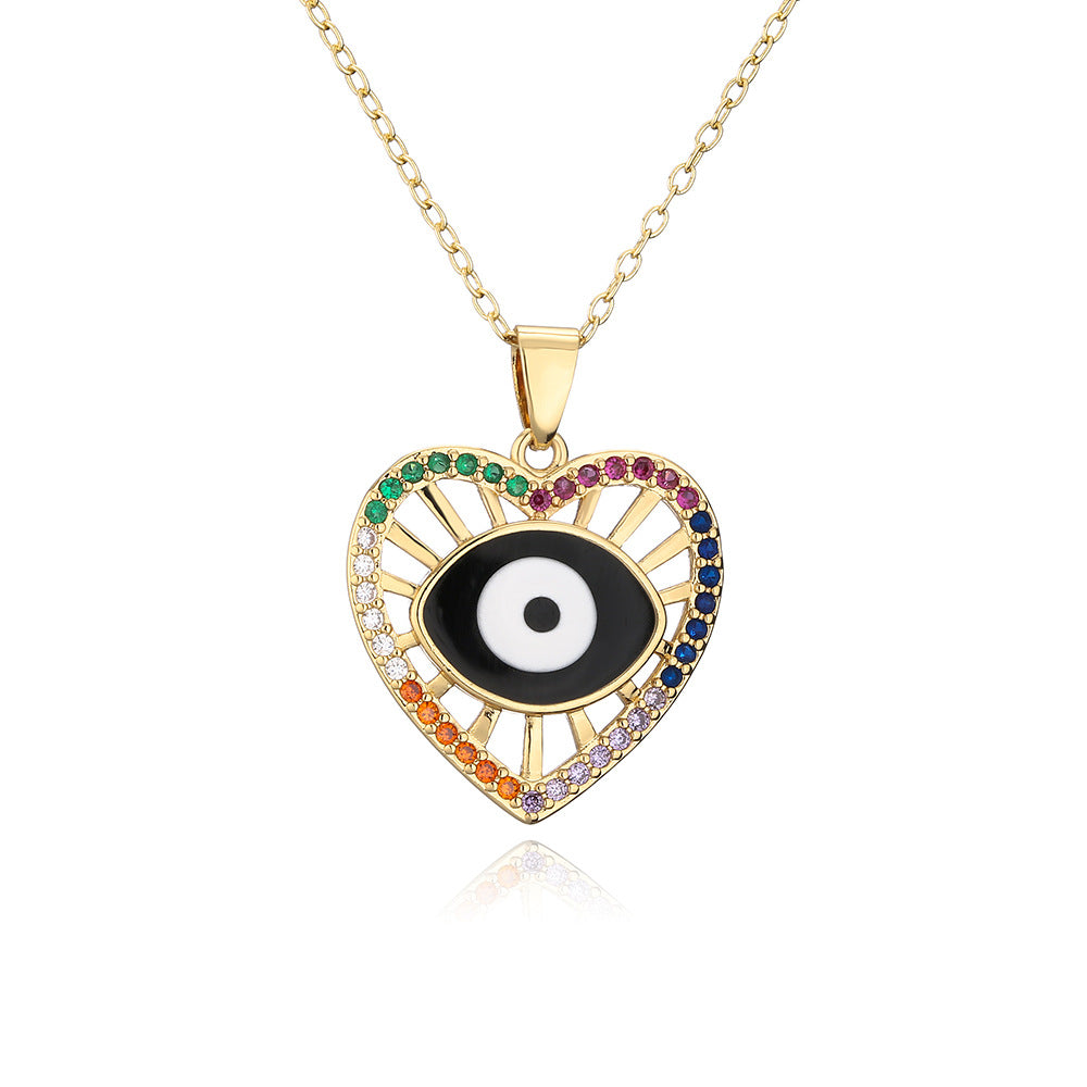 Minimalist Lucky Heart Enamel Evil Eye Pendant Necklace for Women in Brass with 18K Gold Plating and Colored Zircon