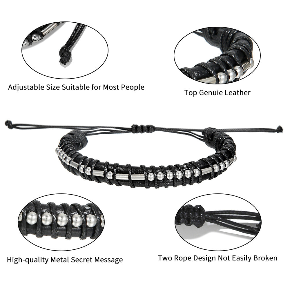 Morse Code Letter Number Stainless Steel Leather Bracelet Unisex