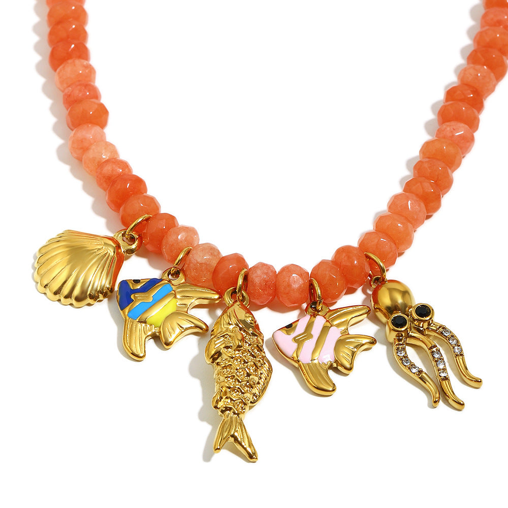 Luxury Handmade Beaded Geometric Pendant Necklace in Stainless Steel with 18K Gold Plating and Red Agate Ocean Life Motif