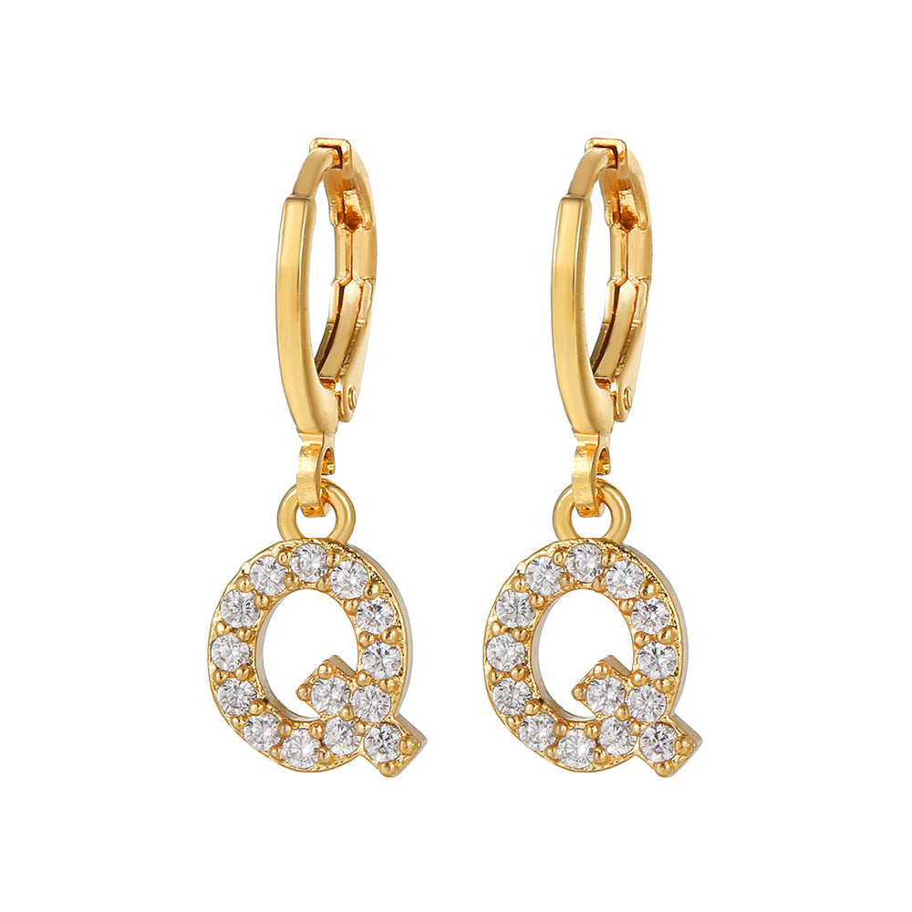 Minimalist Elegant Gold Plated Brass Micro-Inlaid Cubic Zirconia Letter Hoop Earrings for Women