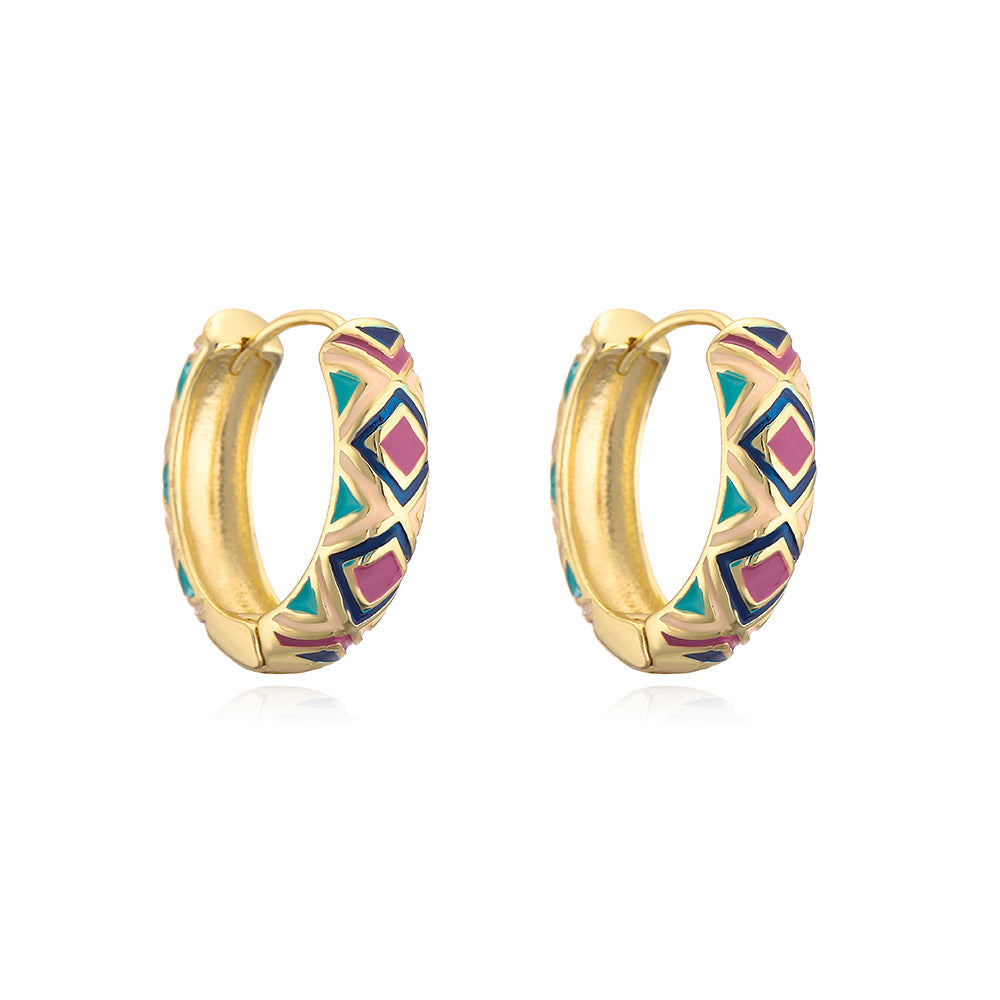 Orecchini a Cerchio Geometrici Minimalisti Retrò da Donna in Ottone Placcato Oro 18K con Finitura Smaltata