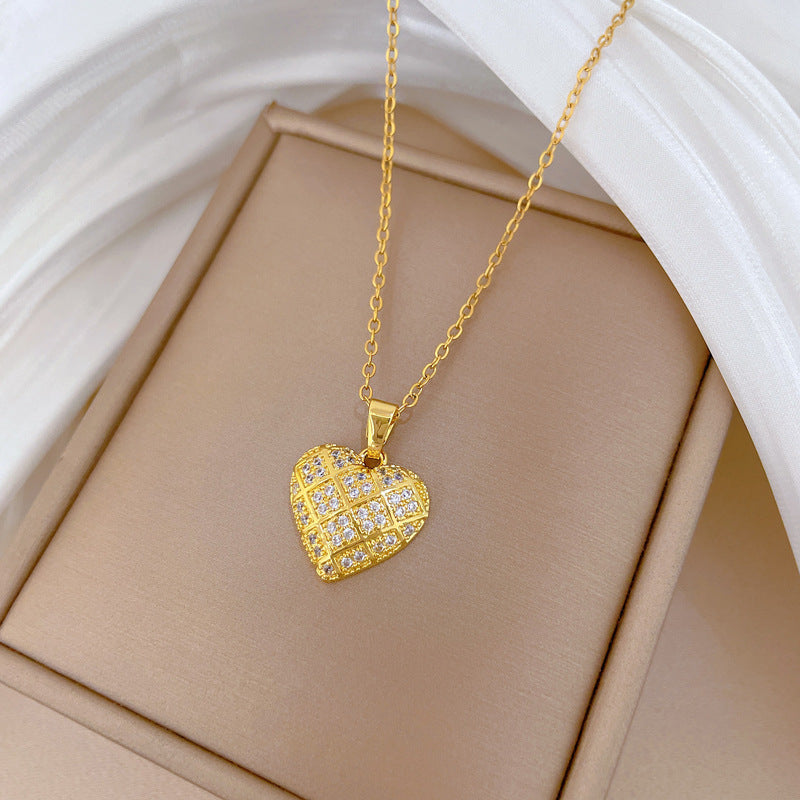 Sweet Minimalist Geometric Heart Rhinestone Titanium Steel Necklace for Unisex