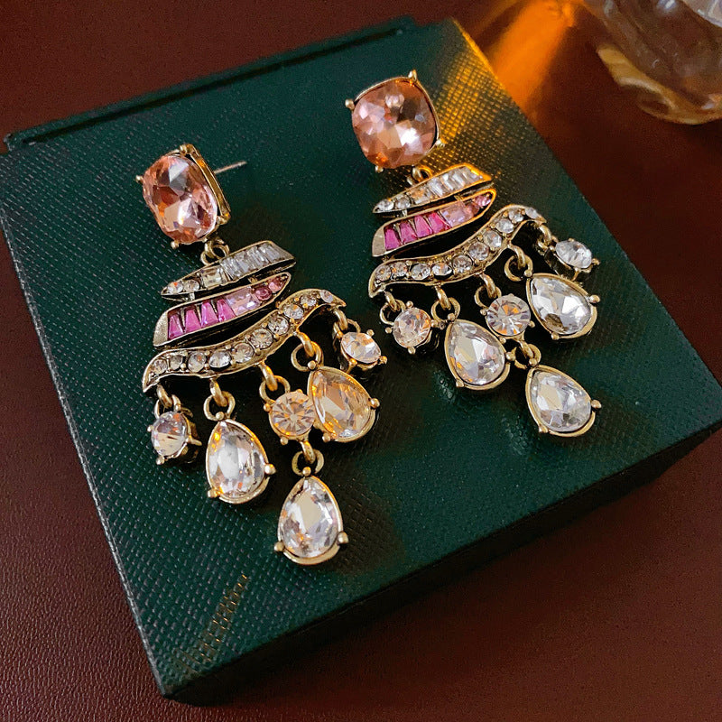 Vintage Drip-Shaped Geometric Alloy Earrings with Rhinestone Inlay, Stainless Steel Post, Elegant Court-Inspired Luxury Ear Jewelry for Women