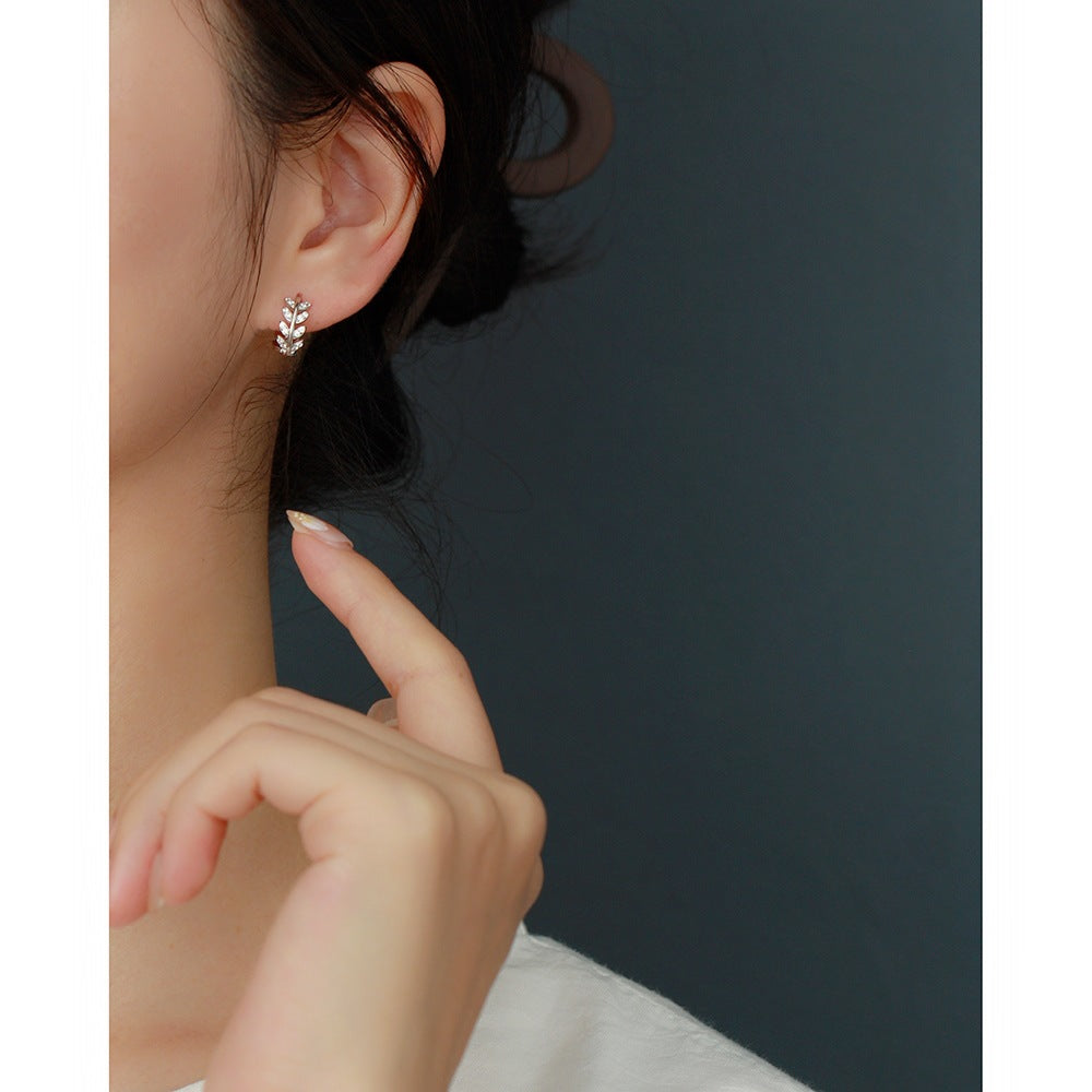 Luxury Elegant 925 Sterling Silver Leaf Rhinestone Inlay Hoop Earrings