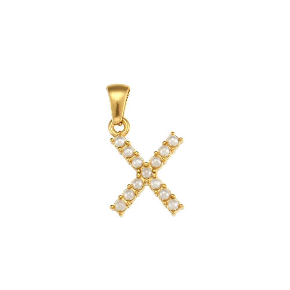 Minimalist Letter Pendant Necklace Stainless Steel with 18K Gold Plating Micro-Pave Zirconia and Pearl Accents