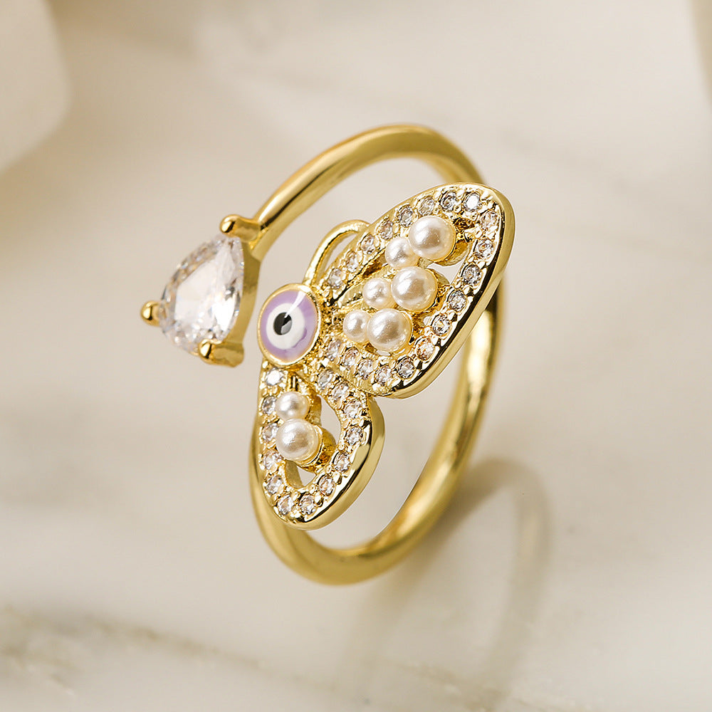 Elegant Butterfly-Shaped Geometric Open Ring for Women with Zircon and Pearl Accents, Micro-Paved Copper Jewelry