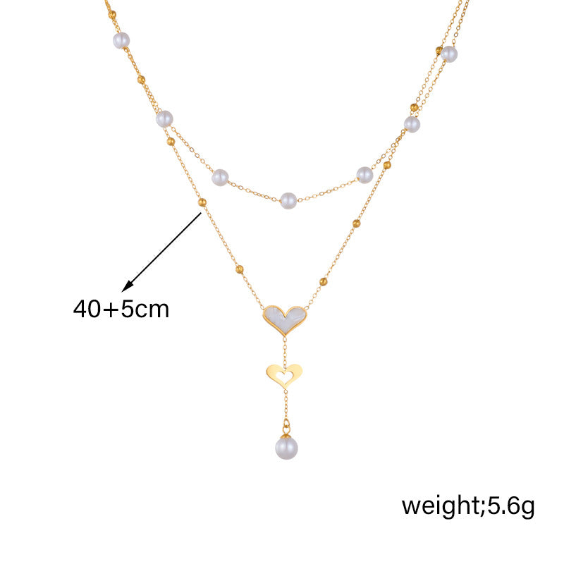 Vintage-Style Double-Layer Pendant Necklace with Pearl and Butterfly Charm, Stainless Steel Chain with Tassel Accents and Plated Finish